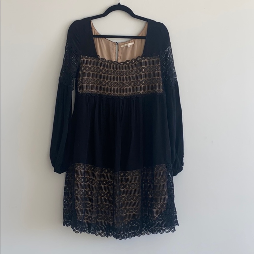 Lace blocked long sleeve black dress